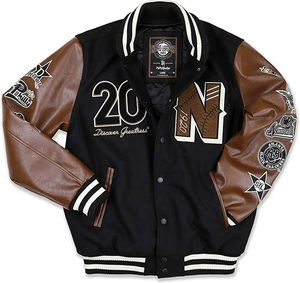 Men's Black Waterproof Varsity Jacket Brown Leather Sleeves Embroidered Patches 2025 N Logo Front Design Turn-down Collar Horn - Product Image 2