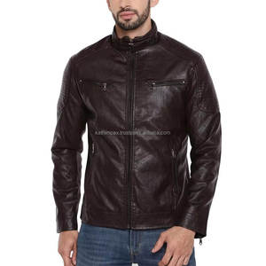Chaqueta de motorista de cuero genuino ajustada marrón oscuro Para hombre cuello mandarín cierre de cremallera transpirable de secado rápido Vintage invierno - Product Image 1