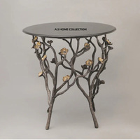 Table d'appoint décorative pour la maison, design feuillage doré, 3 compartiments, avec plateau rond en marbre blanc, meuble de chevet