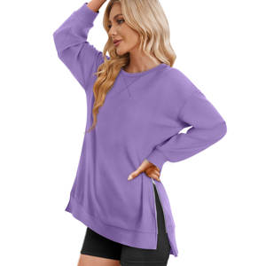 Venta al por mayor de las mujeres de gran tamaño ligero sudadera con abertura lateral cremallera suave cuello redondo pulóver camisetas de manga larga - Product Image 2