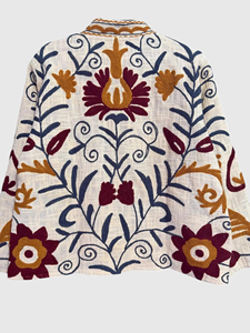 Hand Embroidered Floral Mandarin Collar Jacket Full Sleeve Plus Size Women'<b>s</b> Spring Wear Cotton Woven Prairie Chic Style - Product Image 2