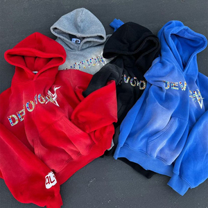 OEM Venta caliente Hombres Jersey con capucha Sun Fade ácido lavado Diseño Rhinestone Personalizado Carta Imprimir Estilo Casual Hombres Sudadera con capucha - Product Image 2