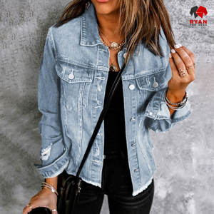 Ryan เสื้อแจ็กเก็ตยีนส์สำหรับผู้หญิงผ้าสวมใส่สบายระบายอากาศได้ดีพร้อมโลโก้ตามสั่ง - Product Image 3