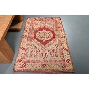 พรมตุรกีแบบดั้งเดิมสีแดงสีเบจ3.4x5.4ฟุตพื้นที่ขนาดใหญ่ผ้าขนสัตว์ขนสัตว์นามธรรมลวดลายน้ำยางหนา10มม. สำหรับห้องโถง - Product Image 1