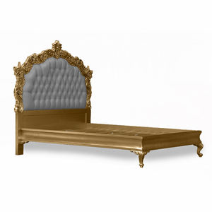 Lit Louis XV Patrice en bois de palissandre massif de haute qualité avec finition dorée et tissu gris pour usage intérieur. - Product Image 1