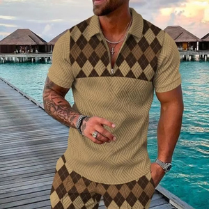 Vêtements pour hommes Streetwear Summer Trend Plaid Stripes Print Men's Tracksuit Casual Zipper Collar Polo Shirt And Shorts 2pcs Sets - Product Image 4