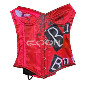 Corsé de satén rojo con estampado sublimado estilo urbano, con aros de acero de alta resistencia y copas con aros, corsés moldeadores de cintura |   Comprar Ahora - Product Image 1