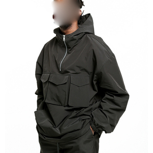 Top Quality Wholesale Oversized Fit <b>Black</b> Nylon Jacket Multi Pockets Pullover Half Zippers <b>Windbreaker</b> Jacket - Product Image 1