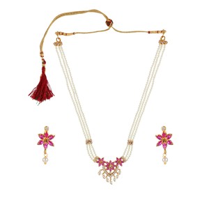 Venta al por mayor de joyería de cristal de la India Faux Pearl Beaded Strand tradicional novia collar de conjunto de joyería fabricantes, Rosa - Product Image 1