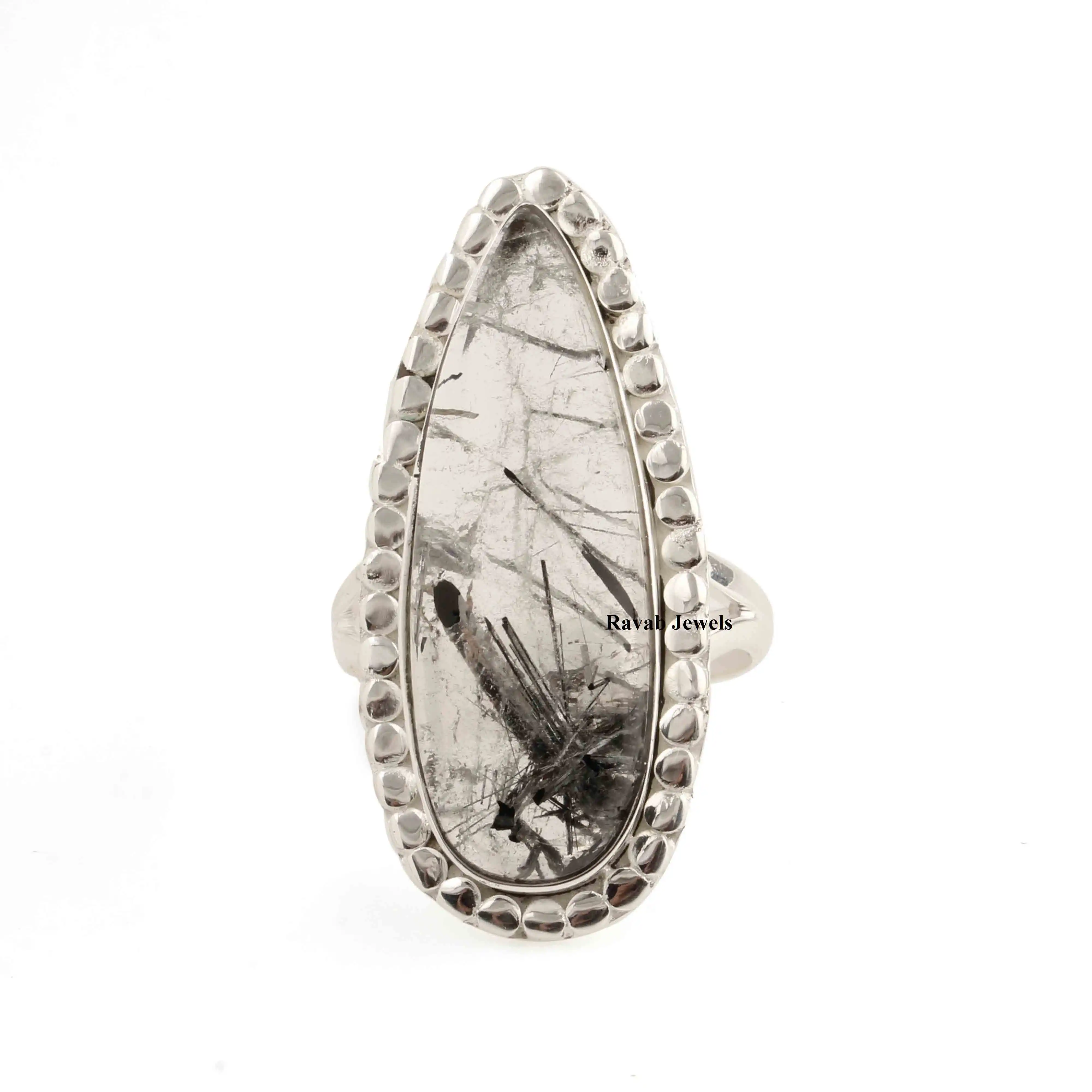2023 buena calidad negro rutilo cuarzo piedra anillo diseñador bisel ajuste regalo 925 joyería de plata esterlina para mujeres y niñas