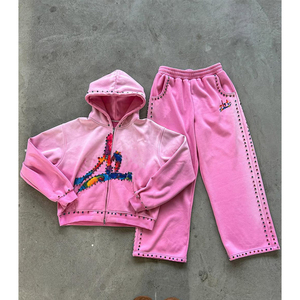 Custom Men Winter Streetwear Jogger Sets Cotton Sun Faded Sweatsuit Embroidery <b>Applique</b> Flared Sweatpants Zip Boxy Hoodie Set - Product Image 5