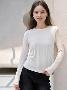 T-shirt en acétate de lyocell et laine pour femme, couleur unie, haut de base, manches longues pour le printemps, l'automne et l'hiver, col rond, coupe ajustée et chaude - Product Image 6