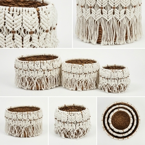 Ensemble de paniers de rangement en macramé à franges en écorce de bananier naturelle, couleur crème, style bohème, pour plantes rondes, organisateur de décoration, design artistique pur - Product Image 2