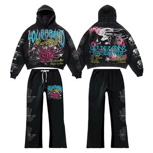 Nuevo diseño de chándal DE ALTO GSM desgastado lavado ácido Sudadera con capucha y pantalones de chándal Conjunto personalizado chándales pantalón acampanado - Product Image 1