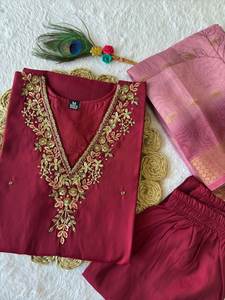 Conjunto Kurti de 3 piezas para mujer romana, Ropa Étnica de fiesta de estilo Vintage con bordado de seda viscosa, incluye pantalón Kurta y Dupatta - Product Image 5