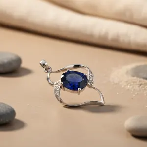 Pendentif en argent 925 avec saphir pour femmes, plaqué rhodium, chaîne en or rose, ensemble de zircon diamant, motif floral, pierre précieuse pour fiançailles - Product Image 2