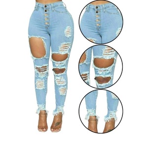 Mode à la mode rue femmes nouveau modèle pantalon ample coton Denim taille moyenne bouton poches jambe large déchiré jean de BD - Product Image 3