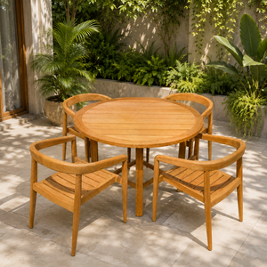 Teak <b>Wood</b> <b>Garden</b> Dining Set Round Outdoor <b>Table</b> and Armchairs Weather Resistant Patio Furniture for Villa Courtyard Resort - Product Image 1