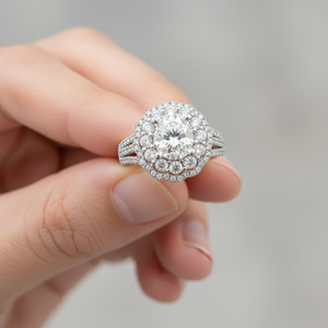 Bijou moderne en or blanc 18 carats avec diamant certifié, semi-monture double halo à branches fendues, style unique pour la mariée classique - Product Image 3