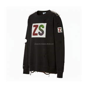 Sweat-shirt vintage en coton brossé 380GSM Design déchiré clouté épaule imprimé personnalisé Logo Style Basics Sweat-shirt - Product Image 3