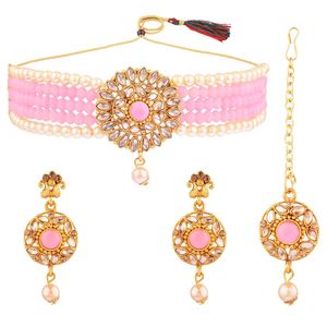 Fabricant indien bijoux mariage ethnique Floral mariée cristal collier ras du cou indien boucle d'oreille avec Maang Tikka ensemble de bijoux - Product Image 1