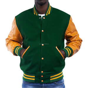 Blouson universitaire unisexe en laine avec manches en cuir, fermeture éclair, style bomber, patchwork respirant, couleurs vives pour équipe - Vente en gros - Product Image 1