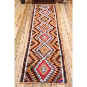 Alfombra Turca Vintage, Alfombra Kilim de 2,8x11,5 pies, Alfombra Abstracta Azul y Naranja - Product Image 1