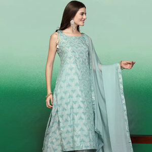 Exclusivos conjuntos de Kurti y Palazzo para mujer, listos para usar, con estampado digital de olivas, bordados con hilo de rayón, de corte recto. - Product Image 1