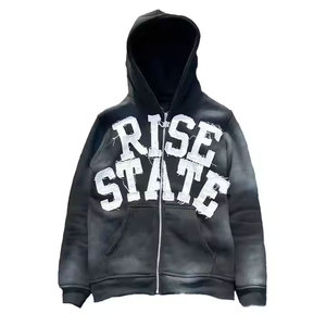 Professional Hot <b>Sale</b> Zipper Distress Embroidery Splicing Sweatshirts Clothing Manufacture Acid <b>Wash</b> Boxy Y2k Blank Hoodie - Product Image 1