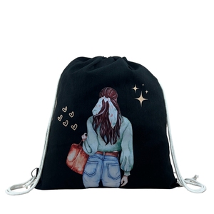 Sac à dos à cordon en coton biologique noir unisexe Durable léger sac de sport sac à provisions fourre-tout mode voyage coton biologique - Product Image 1