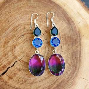 Bi-Color <b>Tourmaline</b> Multi-Stone Dangle <b>Earrings</b> 92.5 Silver Plated Crystal <b>Earrings</b> Handmade Boho Jewelry Gift for Her - Product Image 3