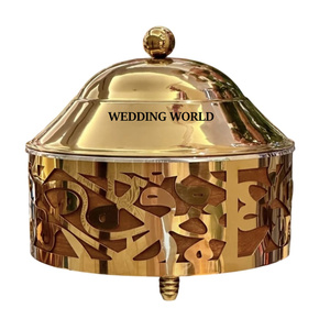 Chauffe-plat de luxe en métal doré avec dôme intérieur en bois, forme ronde, en acier inoxydable, design élégant - Product Image 1