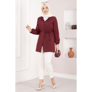 Camisa Borgoña con Cordones para Mujer, Detalle Acanalado, Cuello con Volantes, Estilo Chic Coreano para Primavera, Verano y Otoño, Talla XL - Product Image 3