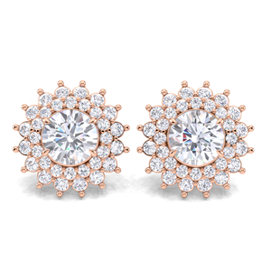 Boucles d'oreilles à clous en diamant rond à double halo de 3,02 carats, or jaune, blanc et rose 9K, fermoir à vis, bijoux floraux de luxe - Product Image 1