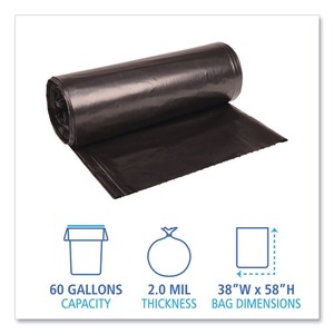 Boardwalk 38 In. X 58 In. 60 gallons Sacs poubelle en polyéthylène recyclé noir à faible densité de 2 mil, durables et épais (100/carton) - Product Image 4
