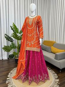 Conjunto de Kurti y Sharara hasta la rodilla, hecho a mano, en colores hermosos, especial para fiestas, tallas M a 3XL, con dupatta, para mujer. - Product Image 3