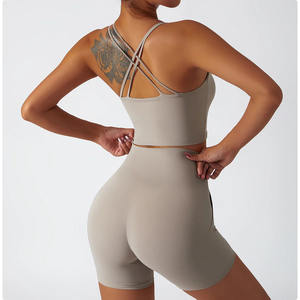 Ensemble de vêtements de sport de yoga respirant et sans couture pour femmes, 2 pièces, short taille mi-haute, fermeture élastique sur le devant, imprimé uni, entraînement en salle de sport, séchage rapide - Product Image 3