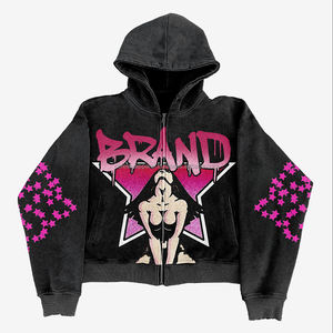 2026 Customize Heavy Weight Distressed Streetwear Cotton <b>Cropped</b> Acid Wash Oversized Rhinestone <b>Zip</b> <b>up</b> <b>Hoodie</b> For Men - Product Image 2