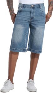 Short en jean long pour homme, non extensible, coupe décontractée, large, avec entrejambe sous le genou, avec poches arrière. - Product Image 5