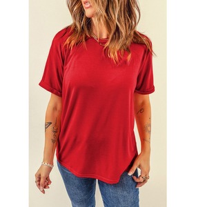 Camiseta de punto con cuello en U de algodón 100% para mujer, Color sólido, ajustado, informal, bordado, estampado de logotipo, exportación desde BD - Product Image 2