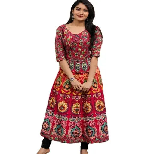 शुद्ध सूती कपड़े की पोशाक लवली पुष्प मुद्रित लंबी पोशाक के साथ लघु आस्तीन आकस्मिक पहनने जयपुरी प्रिंट पोशाक महिलाओं के लिए और लड़कियों