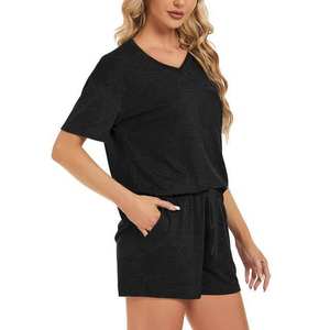 Tenues 2 pièces pour femmes, vêtements d'été, ensembles de t-shirts, 100% coton, service OEM ODM, design uni, ensembles pour femmes à col en V surdimensionné - Product Image 2