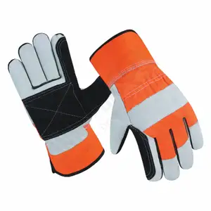 Reinforced Fluorescent Cotton Leather Working Gloves Safety Work Gloves Cowhide Split Leather Industrial Canadian Rigger Gloves