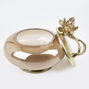 Crystal <b>Glass</b> Snacks and Other Food Storage <b>Canister</b> or Container With Aluminum Cap Hammered Design Leaf Shape Base Black Color - Product Image 5