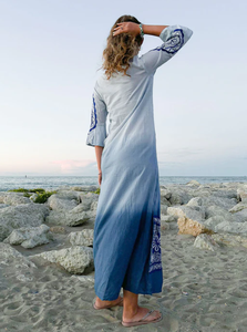 Recién llegado, Vestido largo de trabajo con tinte de corbata de verano para mujer, cuello en V bordado, mangas tres cuartos, ropa de resort de playa - Product Image 5