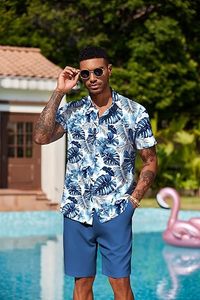 ชุดฮาวายสำหรับผู้ชาย เสื้อทรงหลวมพิมพ์ลายดอกไม้และตัวอักษร ดีไซน์แฟชั่น ระบายอากาศได้ดี เสื้อแขนสั้นสำหรับฤดูร้อน - Product Image 2