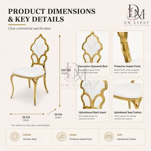 Silla de Recepción para Bodas de Acero Inoxidable Dorado con Respaldo de Medallón Ornamentado y Cojín Blanco para Salones de Banquetes, Venta al Por Mayor - Product Image 4