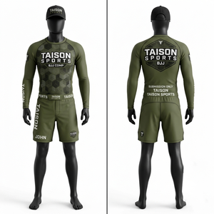 Conjunto Premium de Rashguard y Pantalones Cortos de BJJ en Poliéster Spandex de 280 GSM, Color Verde Oliva, con Estampado por Sublimación y Logotipo Personalizado - Product Image 1