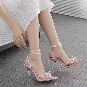 Sandales à talons hauts pour femmes, nouvelle collection, style papillon, perles et strass, bout pointu, talon transparent, très tendance. - Product Image 4