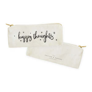 Trousse à crayons portable en toile de coton Happy Thoughts avec motif de lettres, double usage comme pochette de voyage - Product Image 2